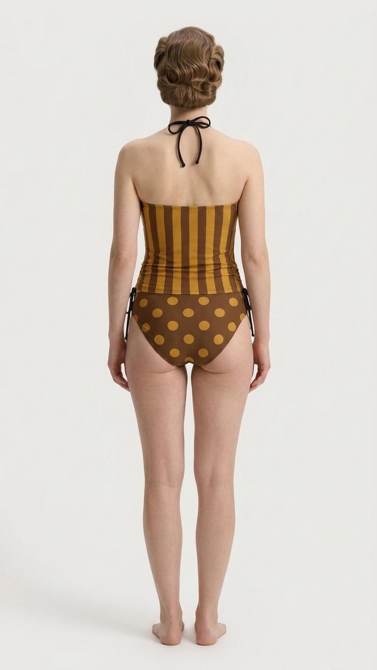 Retro Halter Tankini Swimsuit – Two-Piece Drawstring Halterneck Bathing Suit – Brown & Mustard