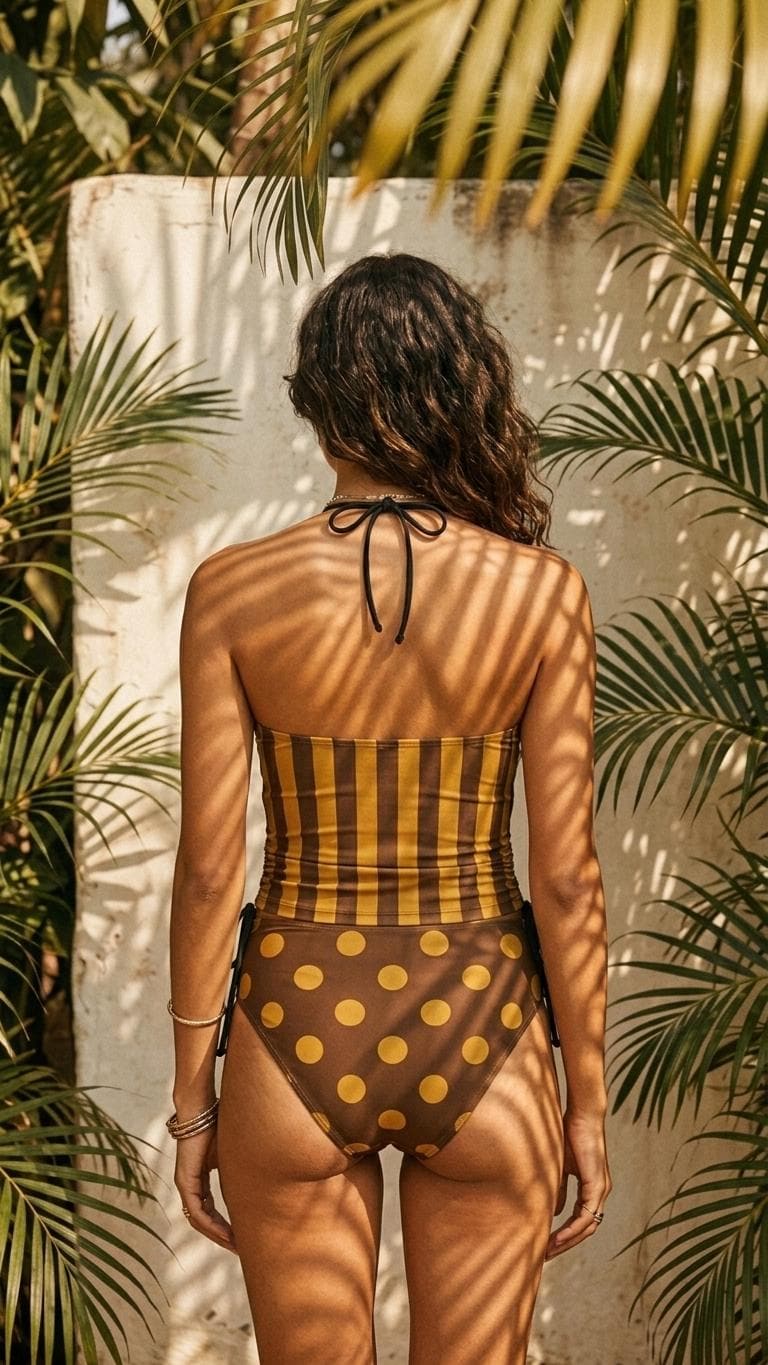 Retro Halter Tankini Swimsuit – Two-Piece Drawstring Halterneck Bathing Suit – Brown & Mustard