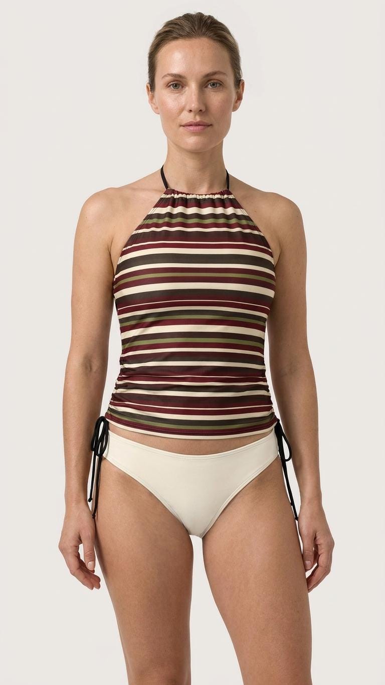 Retro Halter Tankini Swimsuit – Two-Piece Drawstring Halterneck Bathing Suit – Vintage Striped in Ivory