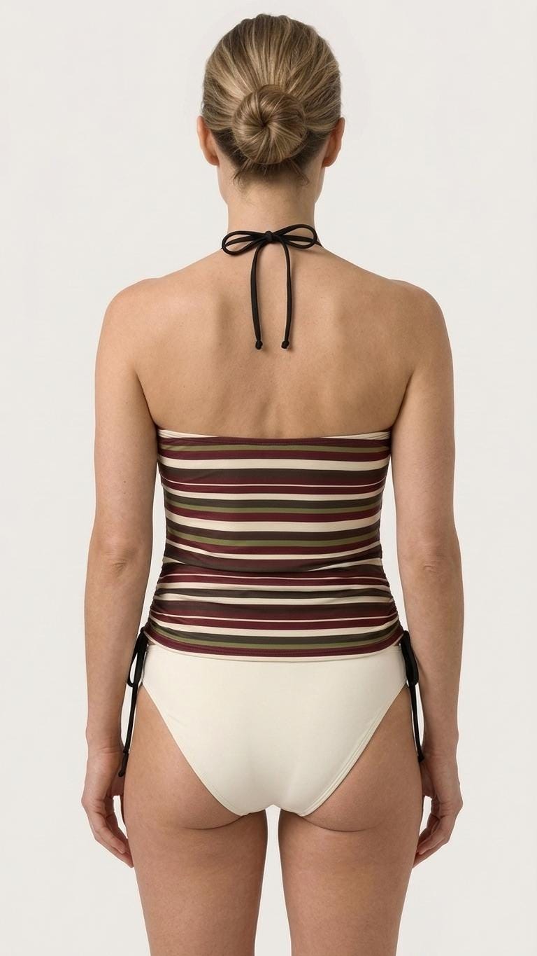Retro Halter Tankini Swimsuit – Two-Piece Drawstring Halterneck Bathing Suit – Vintage Striped in Ivory