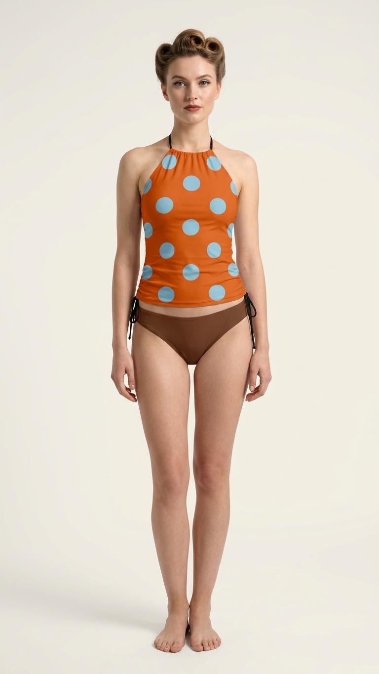 Retro Halter Tankini Swimsuit – Two-Piece Drawstring Halterneck Bathing Suit – Polka Dot Burnt Orange & Brown