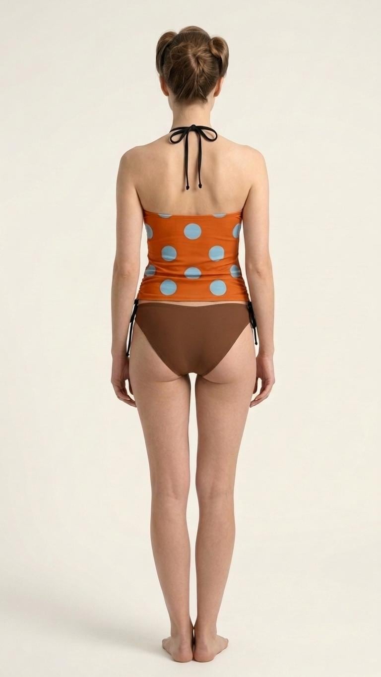 Retro Halter Tankini Swimsuit – Two-Piece Drawstring Halterneck Bathing Suit – Polka Dot Burnt Orange & Brown