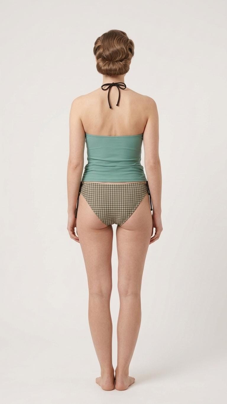 Retro Halter Tankini Swimsuit – Two-Piece Drawstring Halter Bathing Suit – Seafoam Gingham