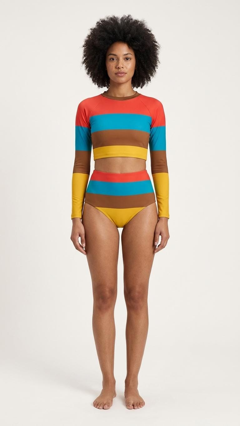 Retro Surf Sporty Long-Sleeve Rash-Guard Bikini | High-Waist Two-Piece Swimsuit | 1970s Stripes