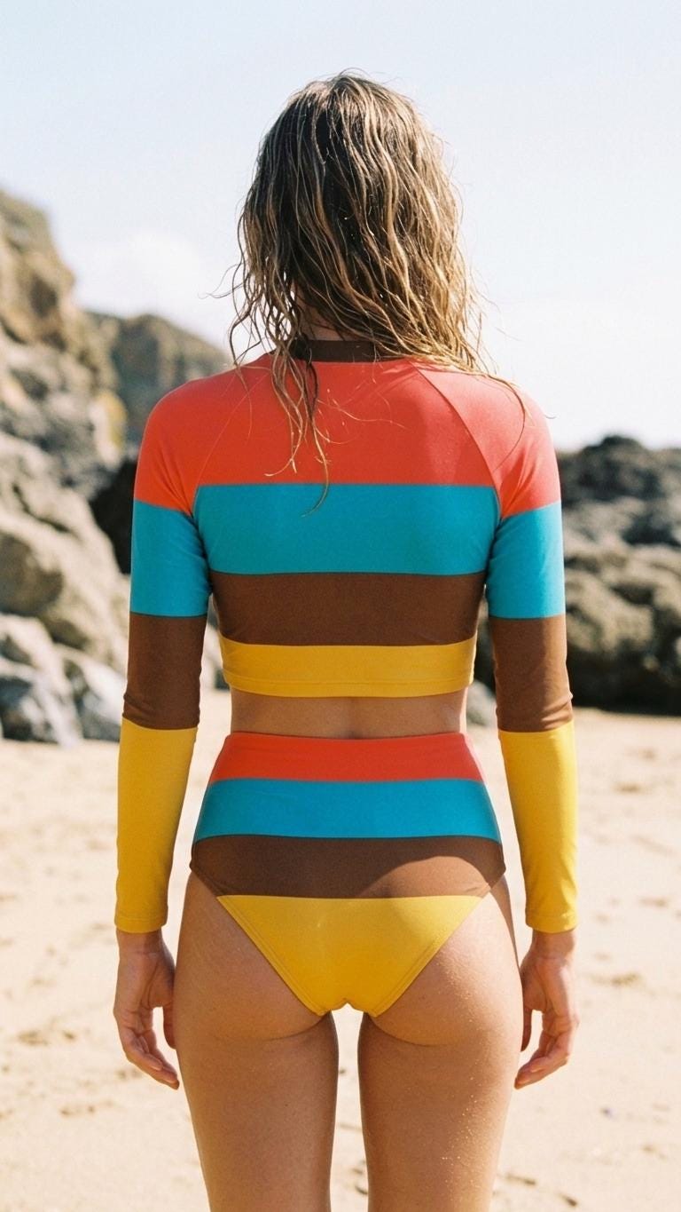 Retro Surf Sporty Long-Sleeve Rash-Guard Bikini | High-Waist Two-Piece Swimsuit | 1970s Stripes