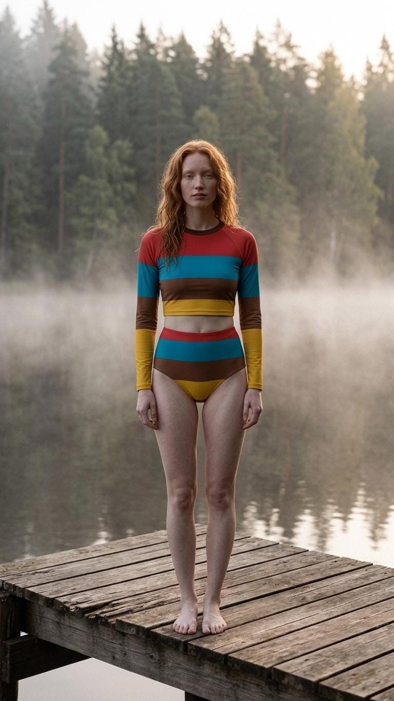 Retro Surf Sporty Long-Sleeve Rash-Guard Bikini | High-Waist Two-Piece Swimsuit | 1970s Stripes