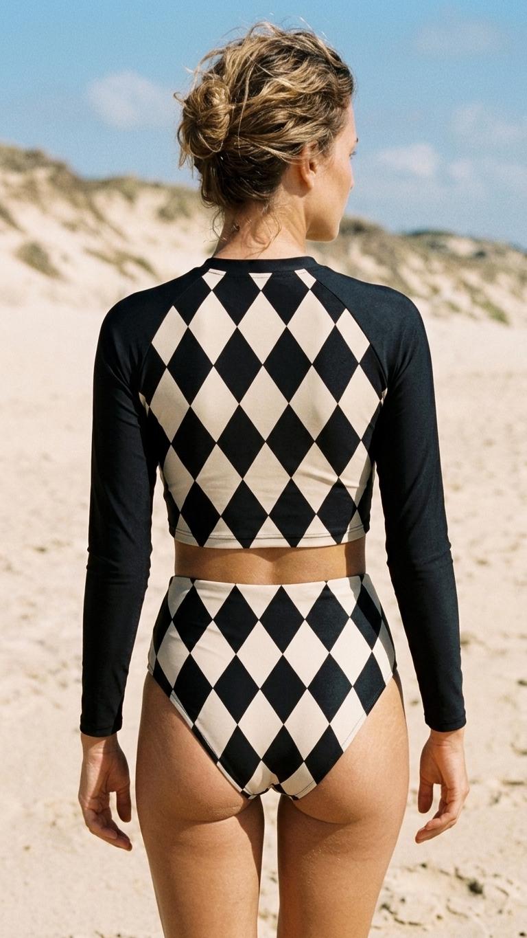 Vintage Diamond Checks Two-Piece Swimsuit, Retro Long-Sleeve Crop Rash-Guard Set