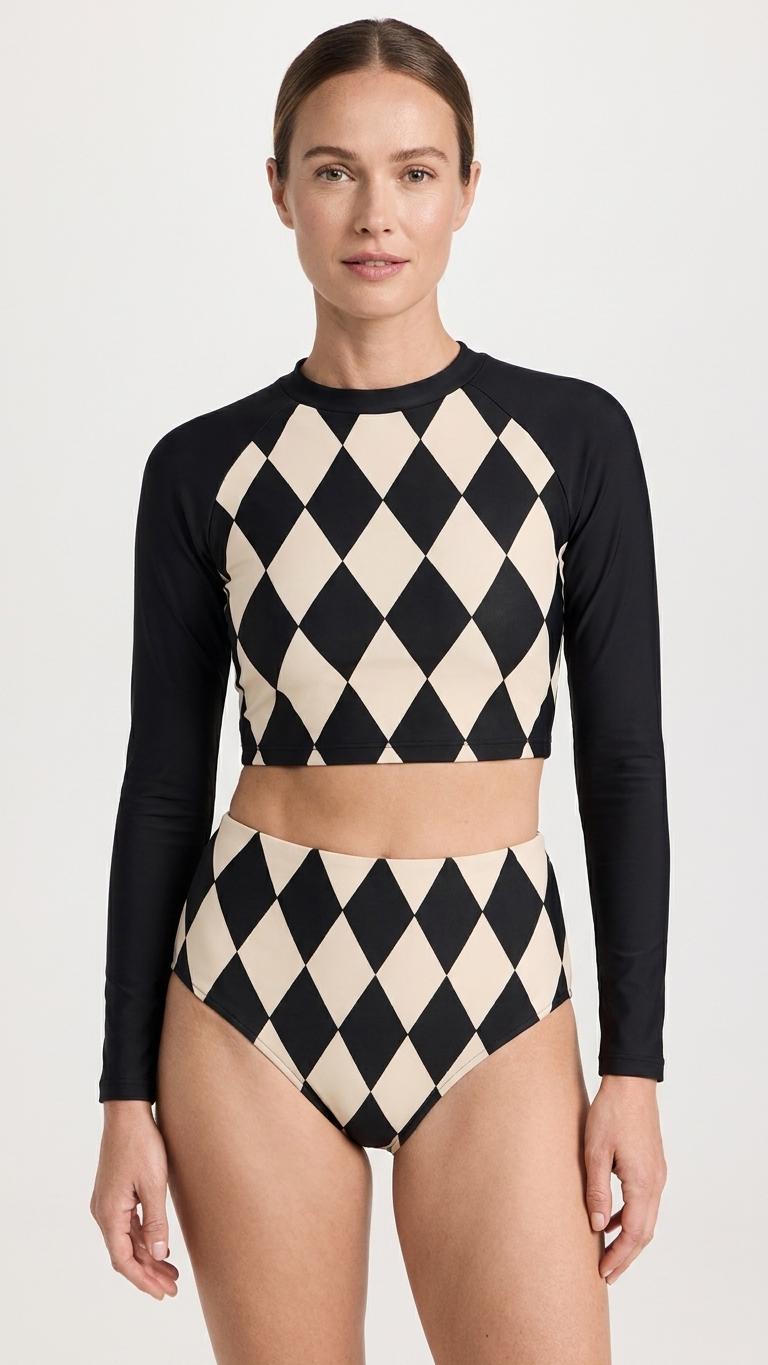 Vintage Diamond Checks Two-Piece Swimsuit, Retro Long-Sleeve Crop Rash-Guard Set