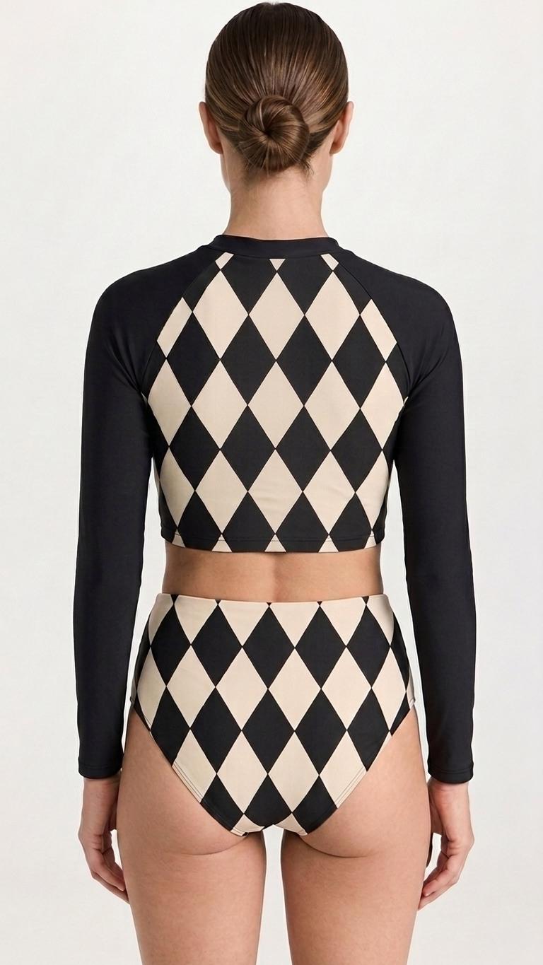 Vintage Diamond Checks Two-Piece Swimsuit, Retro Long-Sleeve Crop Rash-Guard Set