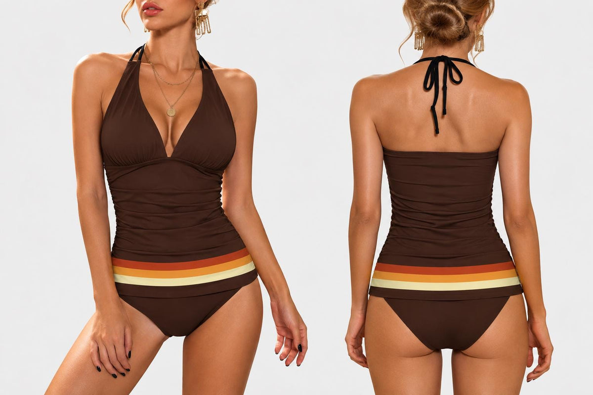 Retro Seventies Striped Adjustable Tankini | V-Neck Split Two-Piece Halter Swimsuit | Mod Mid-Century Brown