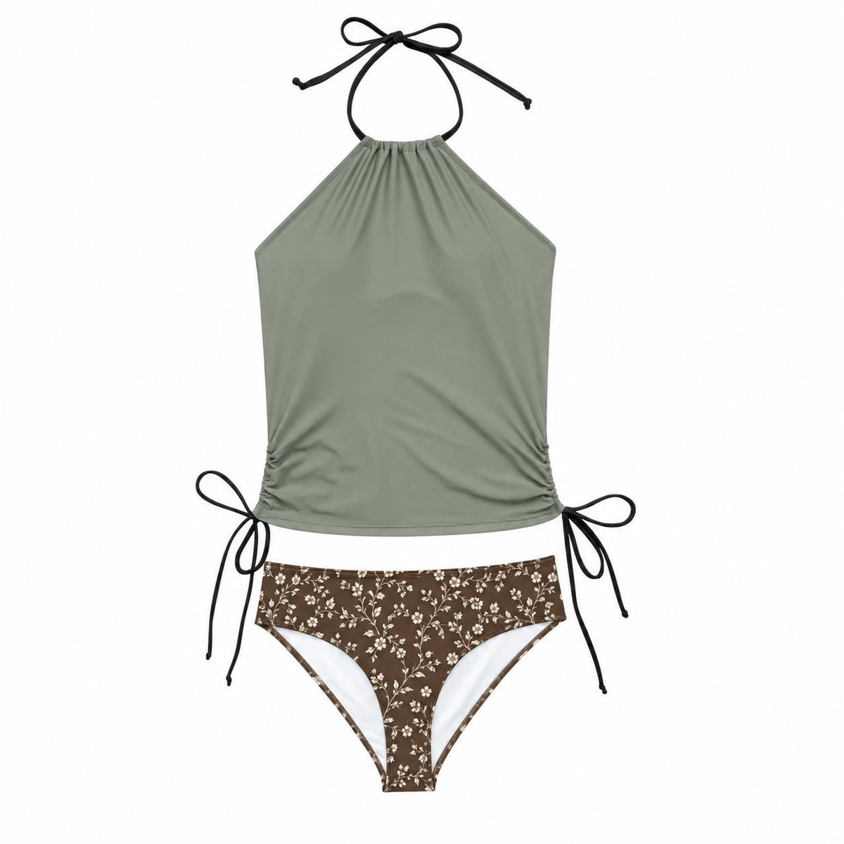 Retro Halter Tankini Swimsuit – Two-Piece Drawstring Halter Bathing Suit – Sage Grey & Floral Chocolate