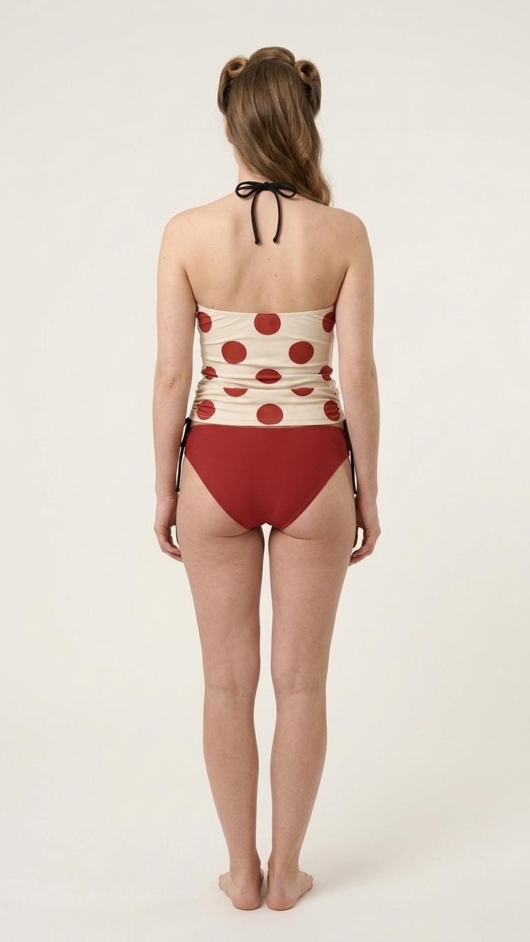 Retro Halter Tankini Swimsuit – Two-Piece Drawstring Halterneck Bathing Suit – Polka Dot Red & Cream