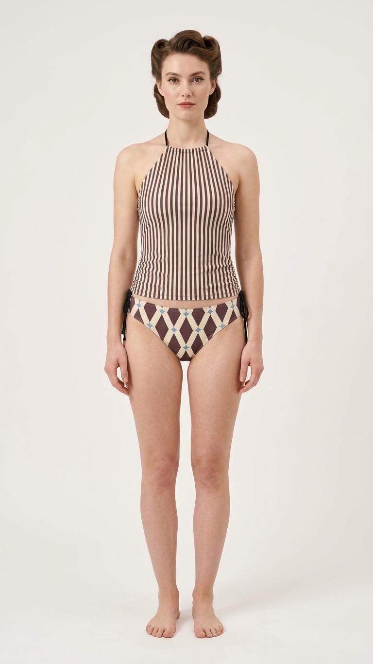 Retro Halter Tankini Swimsuit – Two-Piece Drawstring Halter Bathing Suit – Pinstripe & Mid-Century Lozenge