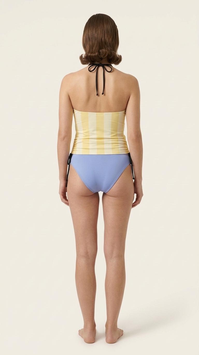 Retro Halter Tankini Swimsuit – Two-Piece Drawstring Halter Bathing Suit – Yellow Striped with Blue