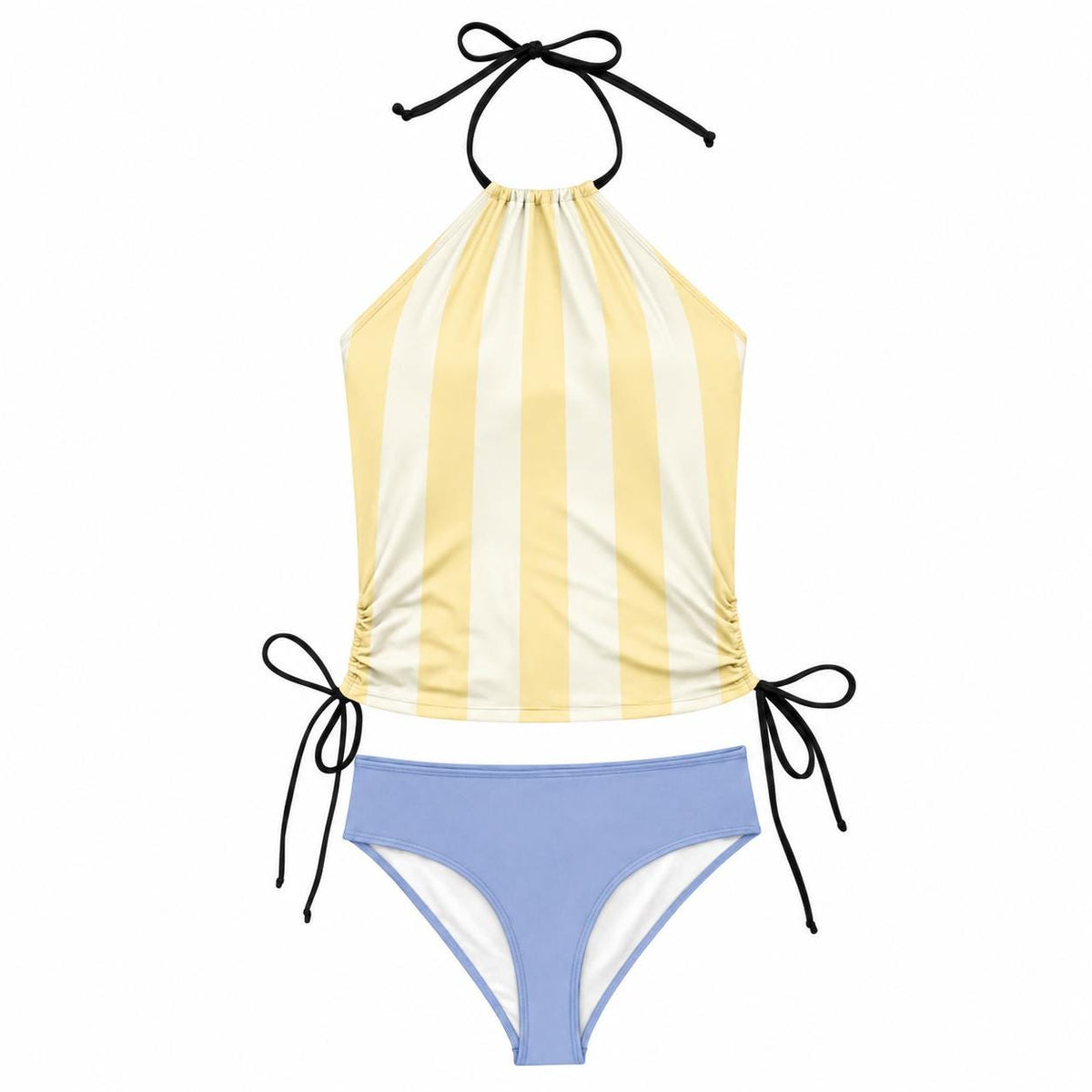 Retro Halter Tankini Swimsuit – Two-Piece Drawstring Halter Bathing Suit – Yellow Striped with Blue