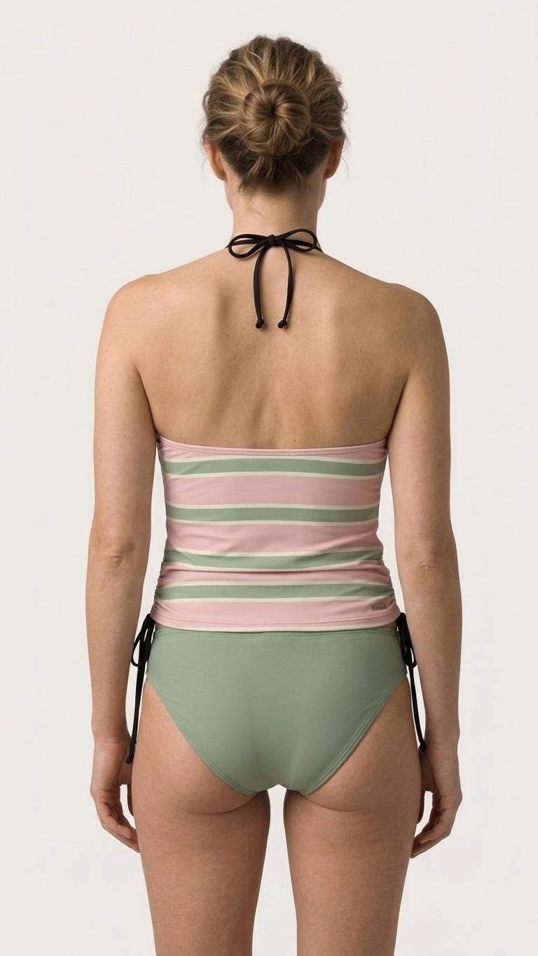 Retro Halter Tankini Swimsuit – Two-Piece Drawstring Halter Bathing Suit – Green & Pink Striped