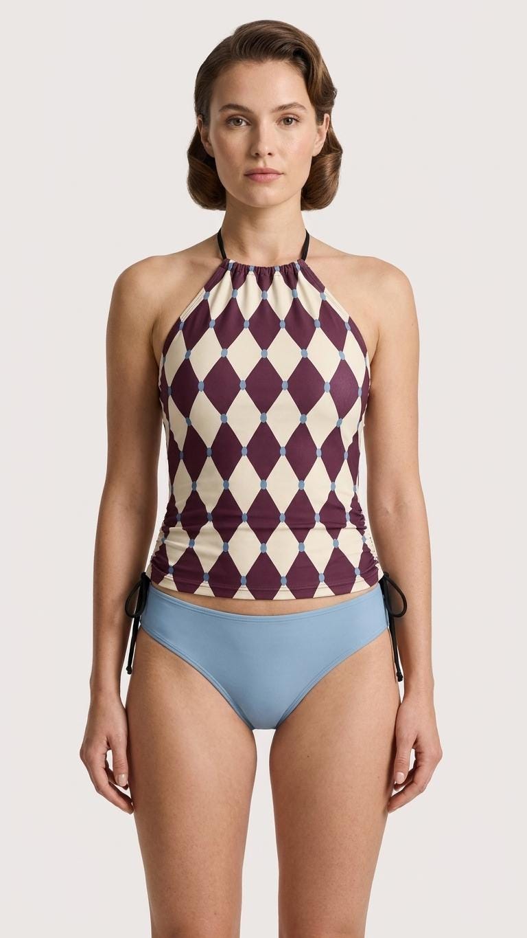 Retro Halter Tankini Swimsuit – Two-Piece Drawstring Halter Bathing Suit – Aubergine Mid-Century Diamonds with Blue