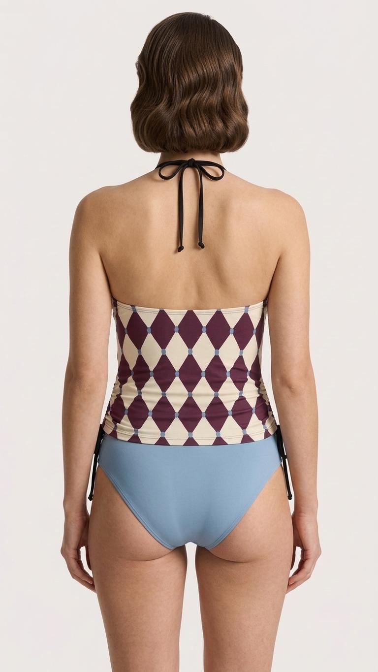 Retro Halter Tankini Swimsuit – Two-Piece Drawstring Halter Bathing Suit – Aubergine Mid-Century Diamonds with Blue
