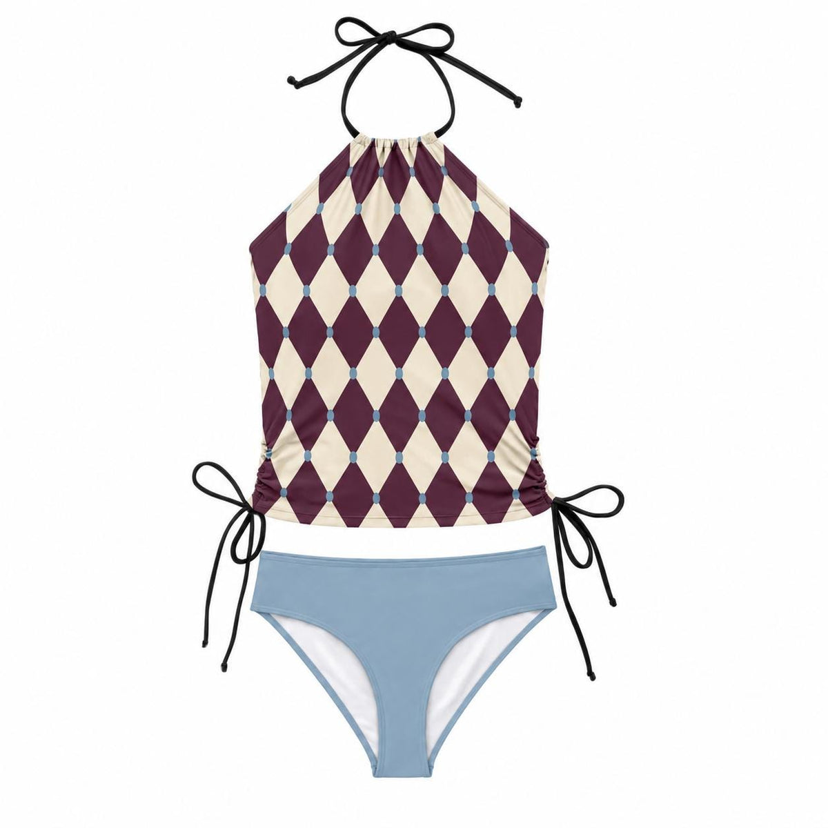 Retro Halter Tankini Swimsuit – Two-Piece Drawstring Halter Bathing Suit – Aubergine Mid-Century Diamonds with Blue