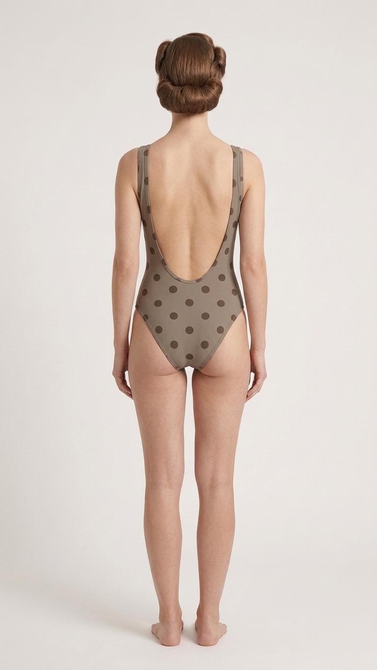 Open-Back One-Piece Swimsuit | Women's Bathing Suit | Fall Lakehouse Retro Swimwear | Taupe Polka-Dot
