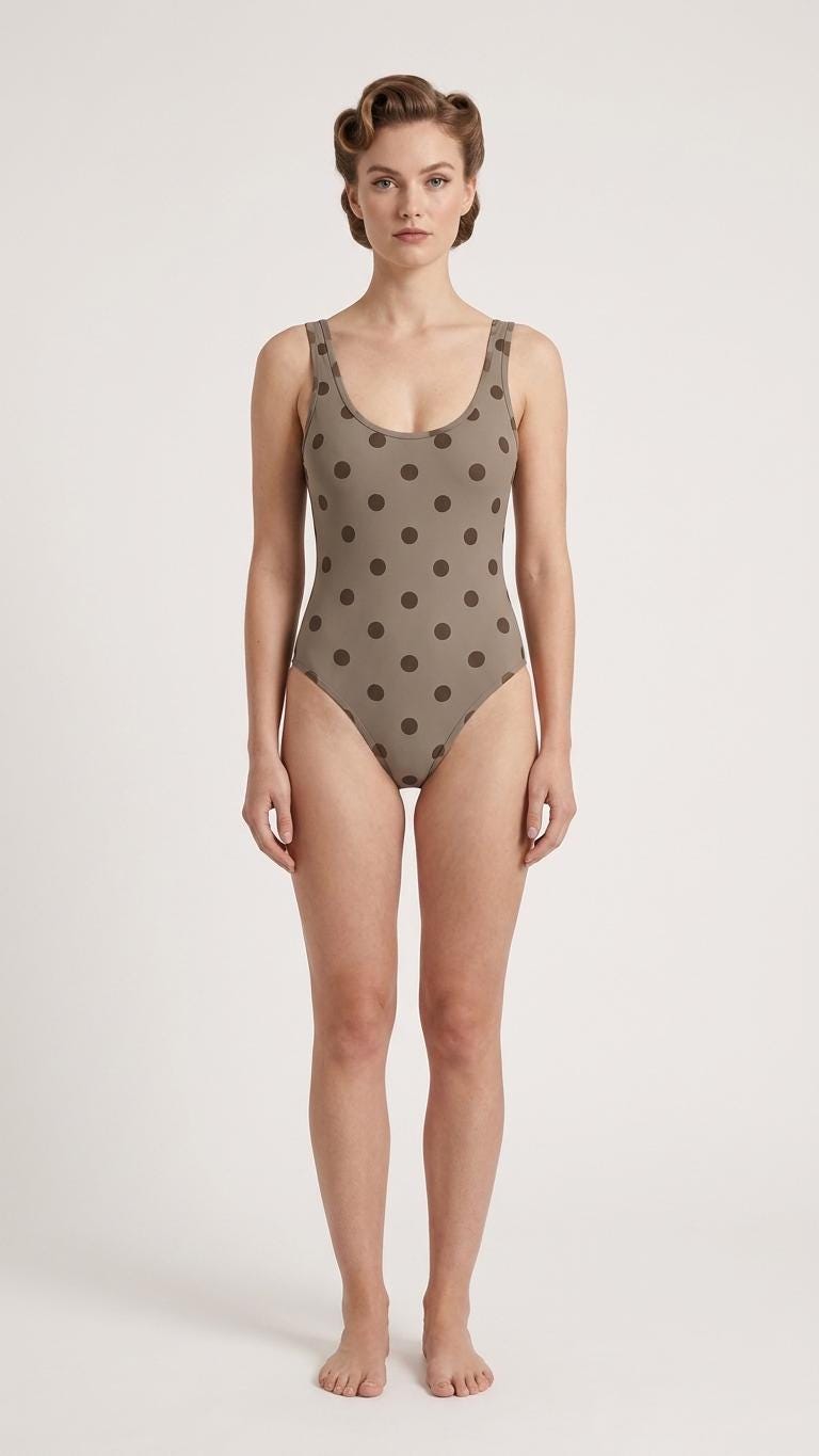Open-Back One-Piece Swimsuit | Women's Bathing Suit | Fall Lakehouse Retro Swimwear | Taupe Polka-Dot