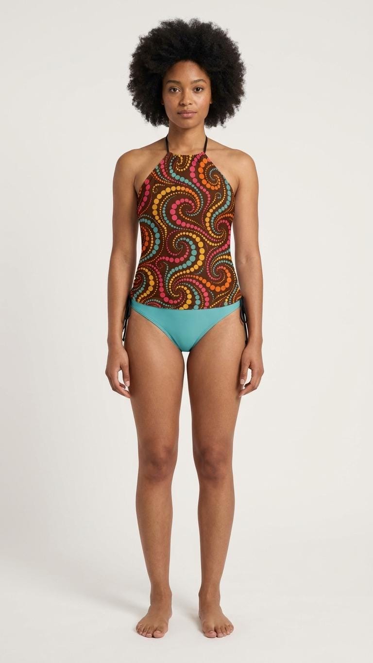 Retro Psychedelic Halter Tankini Swimsuit – Two-Piece Drawstring Halter Bathing Suit