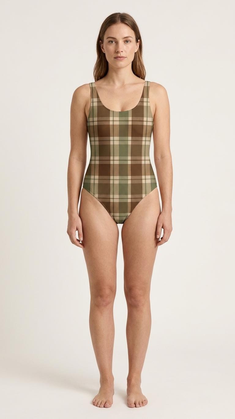 Open-Back One-Piece Swimsuit | Women's Bathing Suit | Fall Lakehouse Retro Swimwear | Dark Academia Plaid