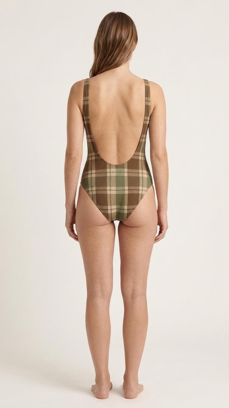 Open-Back One-Piece Swimsuit | Women's Bathing Suit | Fall Lakehouse Retro Swimwear | Dark Academia Plaid