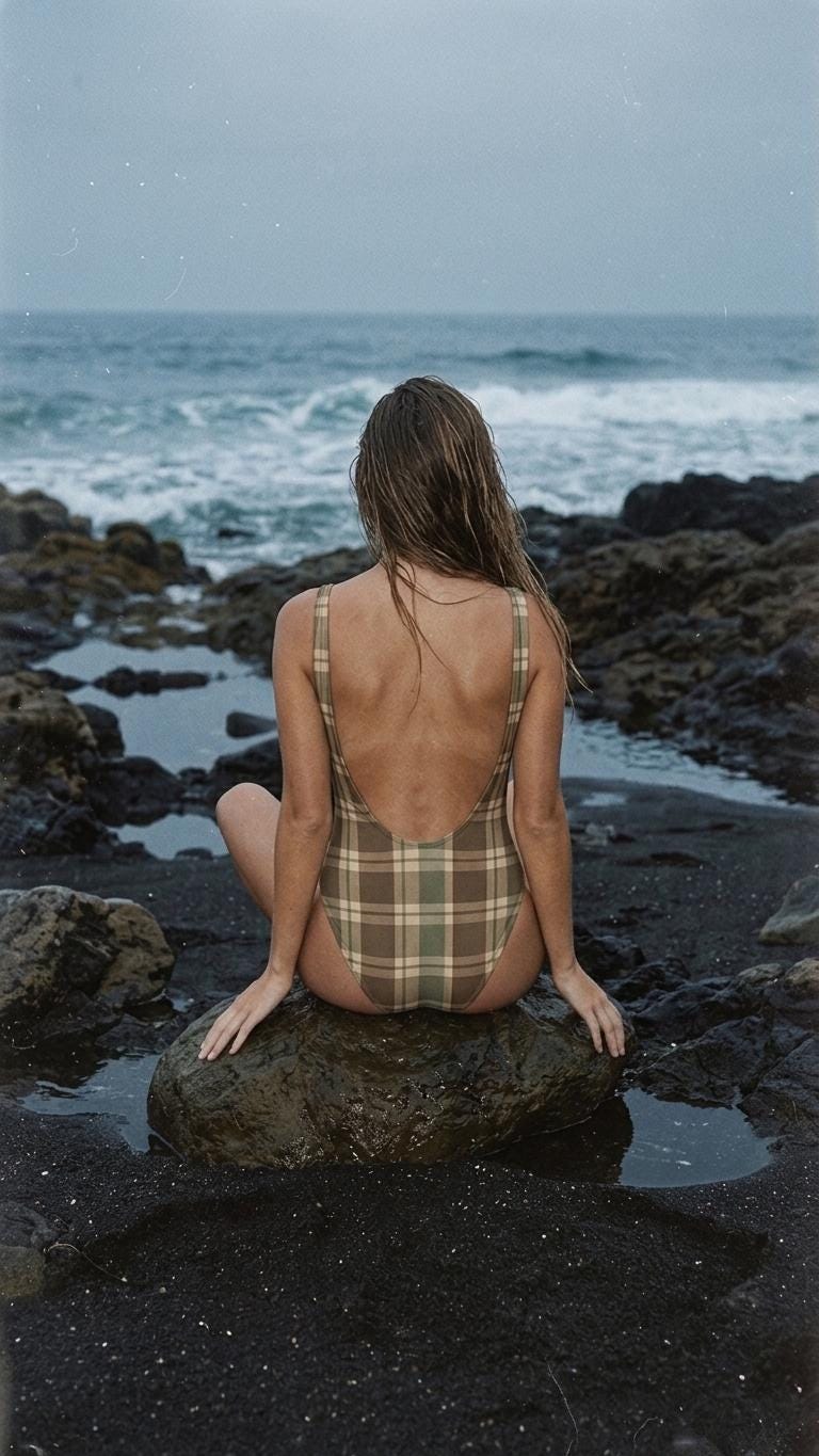 Open-Back One-Piece Swimsuit | Women's Bathing Suit | Fall Lakehouse Retro Swimwear | Dark Academia Plaid