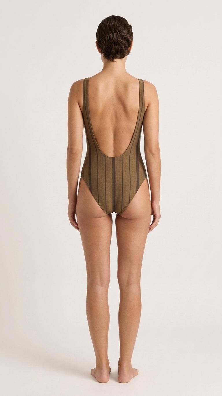 Open-Back One-Piece Swimsuit | Women's Bathing Suit | Fall Lakehouse Retro Swimwear | Dark Academia Pinstripe