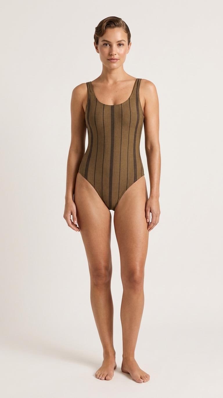 Open-Back One-Piece Swimsuit | Women's Bathing Suit | Fall Lakehouse Retro Swimwear | Dark Academia Pinstripe