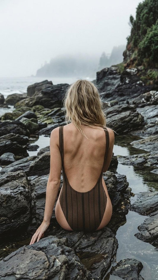 Open-Back One-Piece Swimsuit | Women's Bathing Suit | Fall Lakehouse Retro Swimwear | Dark Academia Pinstripe