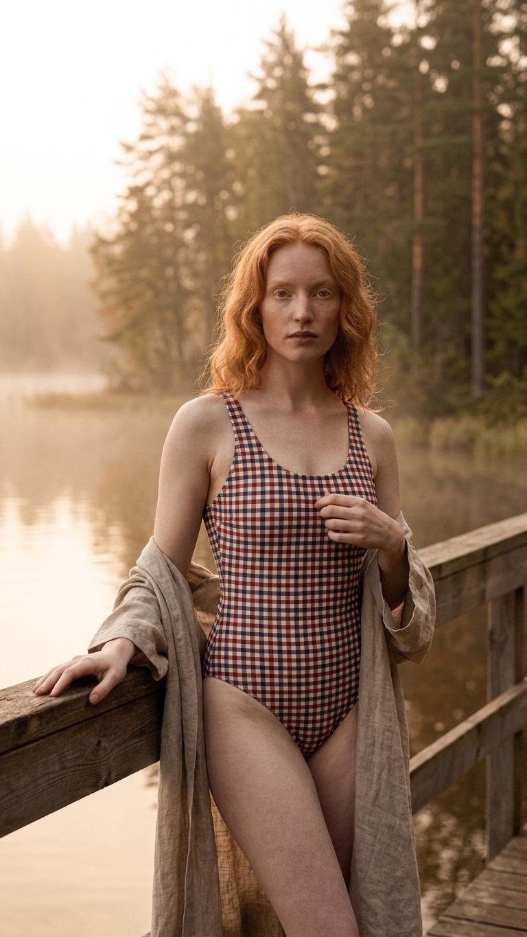 Open-Back One-Piece Swimsuit | Women's Bathing Suit | Fall Lakehouse Retro Swimwear | Traditional Gingham