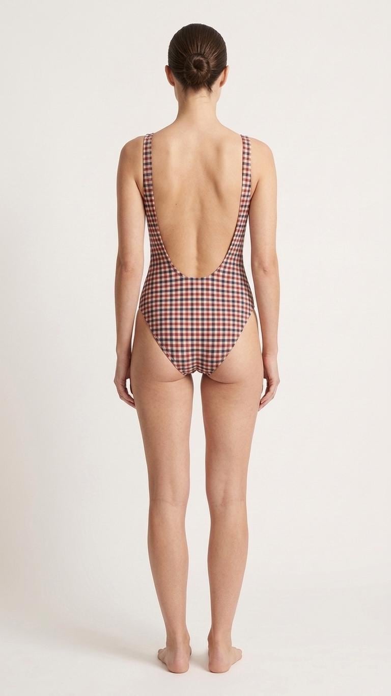 Open-Back One-Piece Swimsuit | Women's Bathing Suit | Fall Lakehouse Retro Swimwear | Traditional Gingham