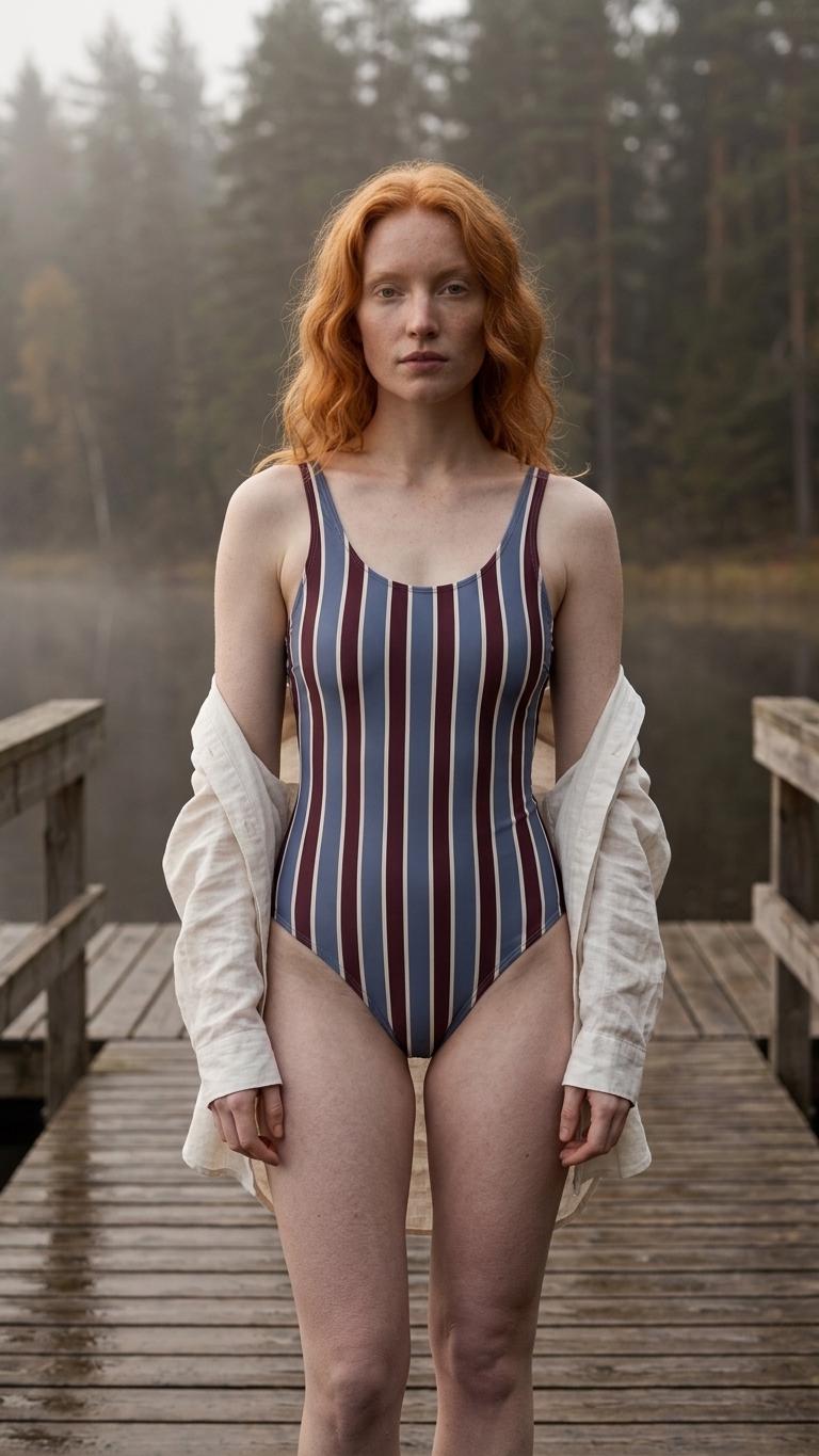 Open-Back One-Piece Swimsuit | Women's Bathing Suit | Fall Lakehouse Retro Swimwear | Blue & Maroon Stripes