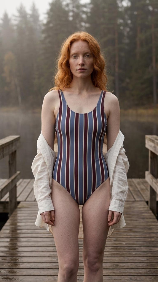 Open-Back One-Piece Swimsuit | Women's Bathing Suit | Fall Lakehouse Retro Swimwear | Blue & Maroon Stripes
