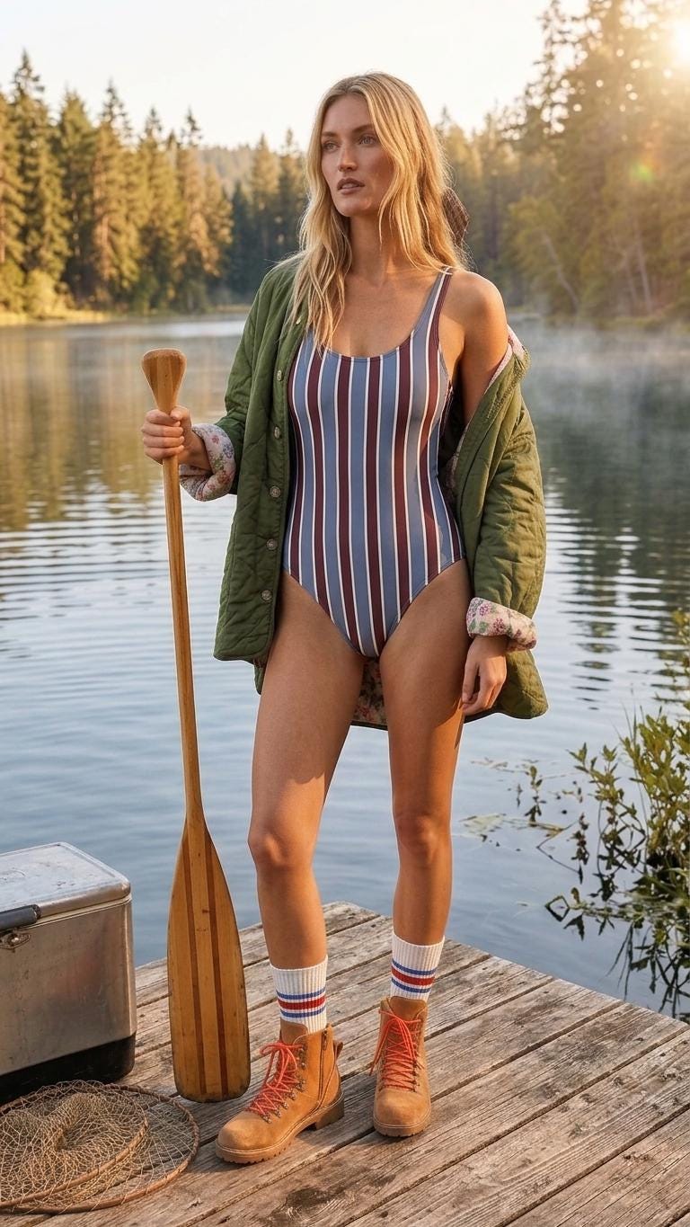 Open-Back One-Piece Swimsuit | Women's Bathing Suit | Fall Lakehouse Retro Swimwear | Blue & Maroon Stripes