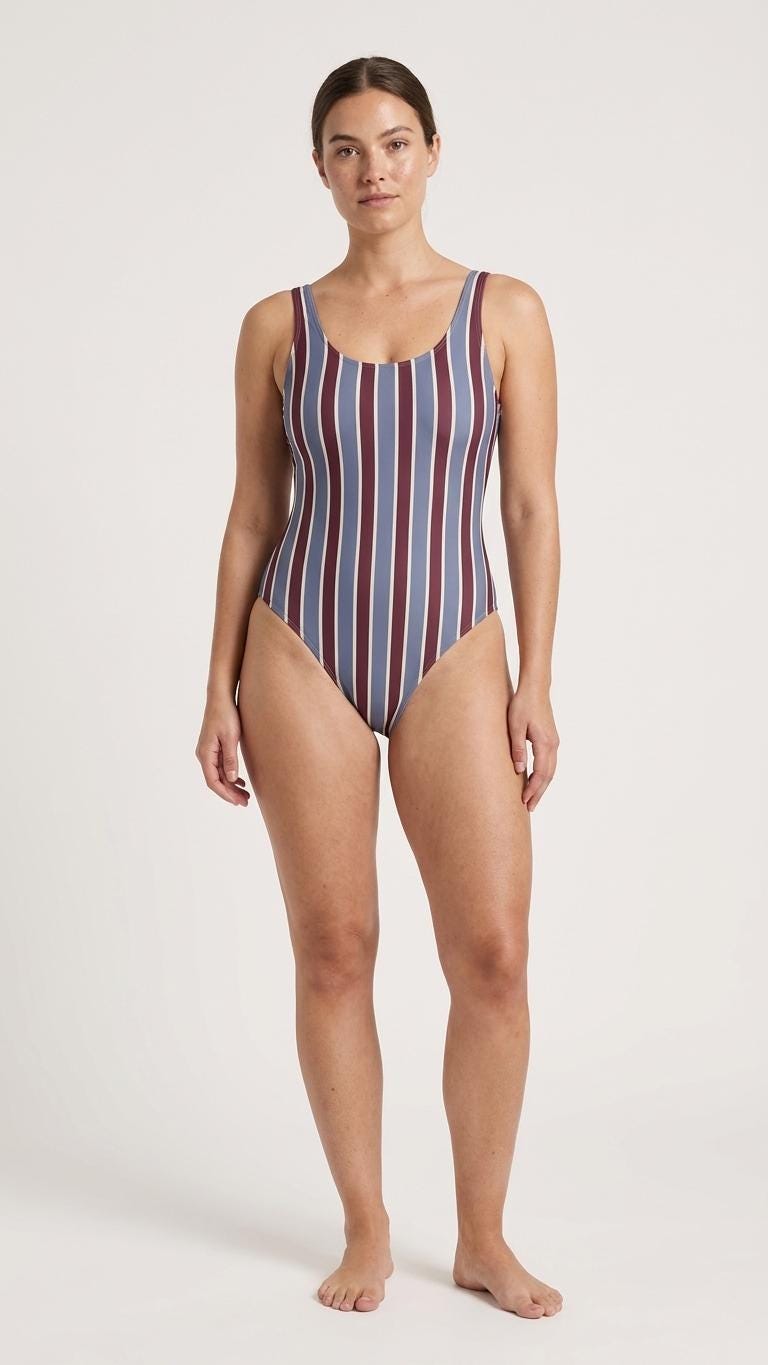 Open-Back One-Piece Swimsuit | Women's Bathing Suit | Fall Lakehouse Retro Swimwear | Blue & Maroon Stripes