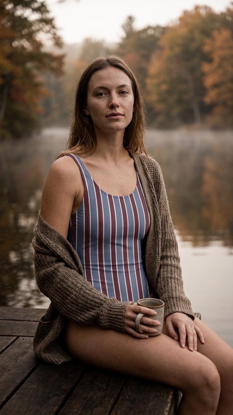 Open-Back One-Piece Swimsuit | Women's Bathing Suit | Fall Lakehouse Retro Swimwear | Blue & Maroon Stripes