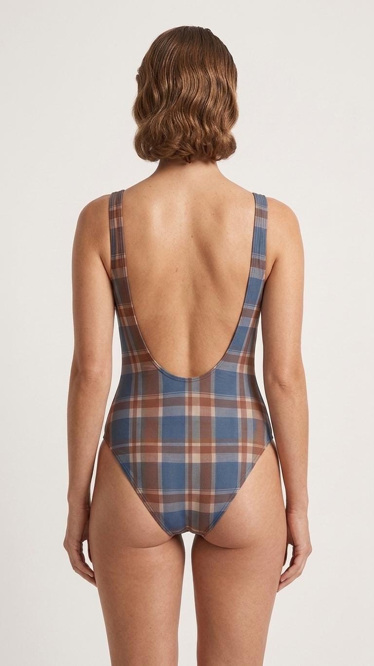 Open-Back One-Piece Swimsuit | Women's Bathing Suit | Fall Lakehouse Retro Swimwear | Vintage Blue & Red Plaid