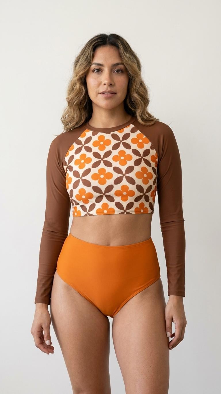 Mid-Century Mod-Style Retro Long-Sleeve Rash-Guard Bikini | Two-Piece Swimsuit with High-Waisted Bottoms | Brown & Orange