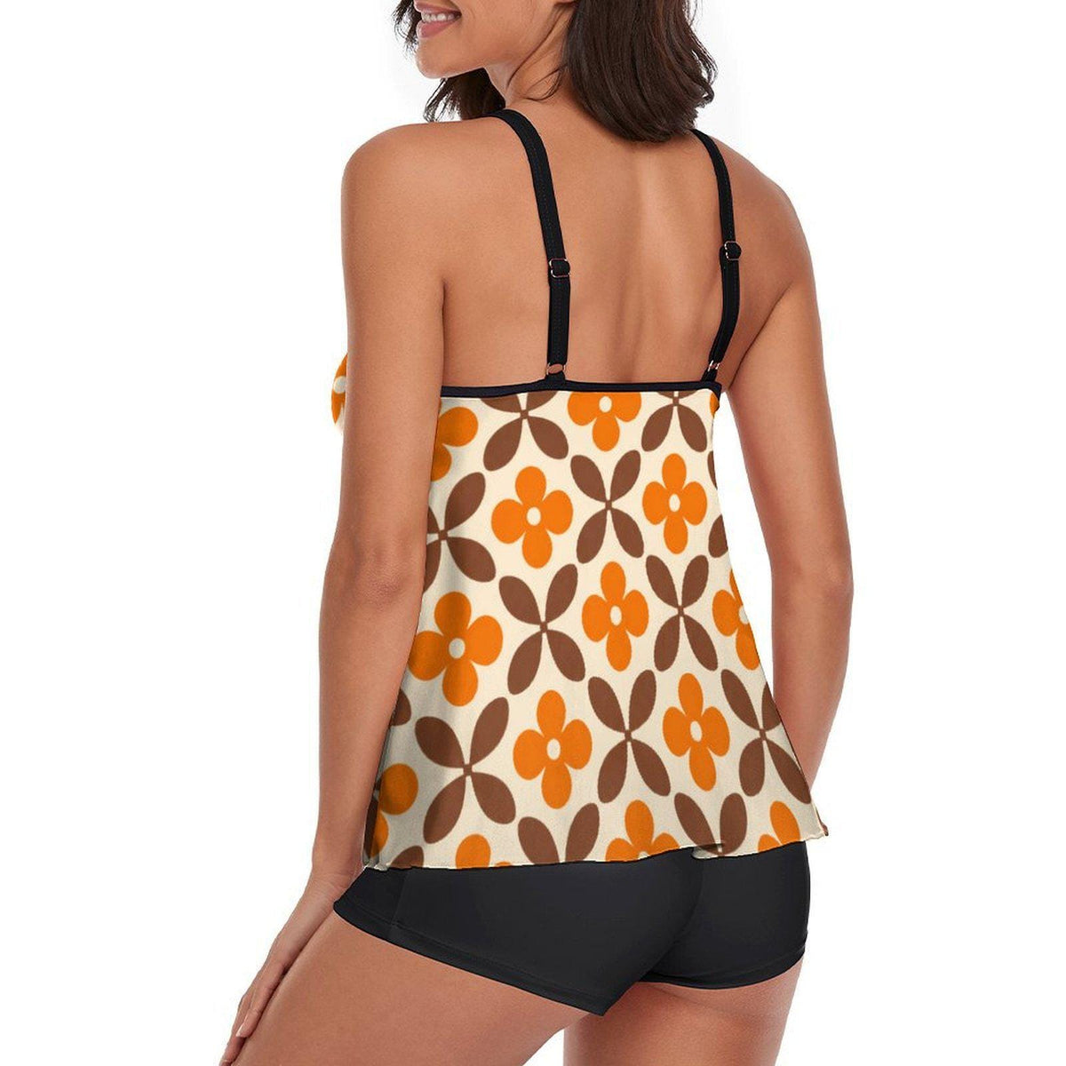 Mod Mid-Century Retro Style Flowy Halter Tankini Set – Two-Piece Swimsuit Set with Shorts