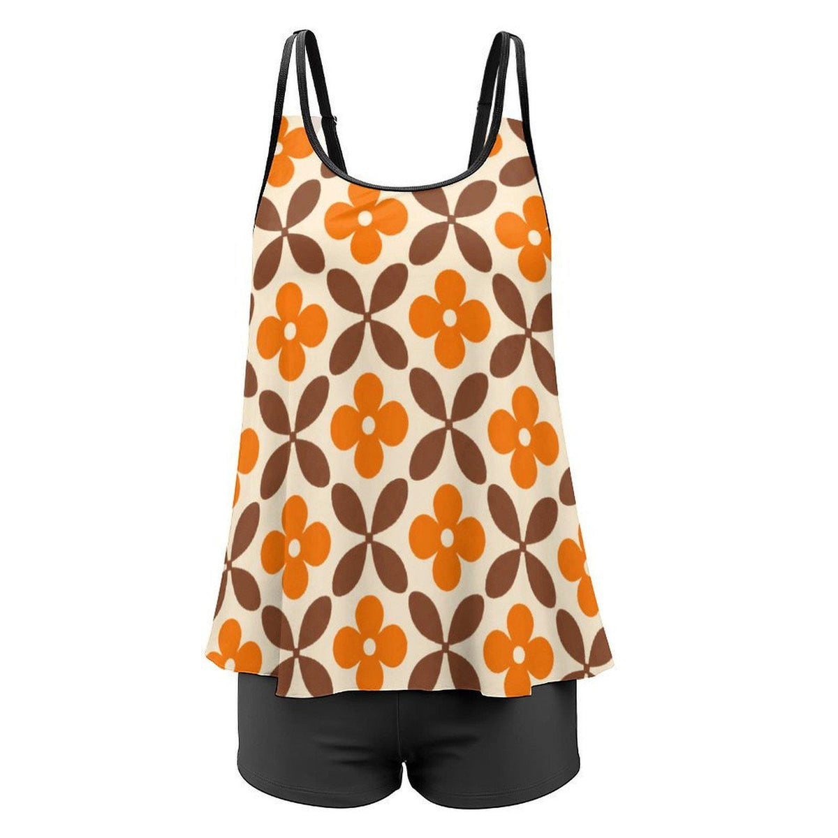 Mod Mid-Century Retro Style Flowy Halter Tankini Set – Two-Piece Swimsuit Set with Shorts
