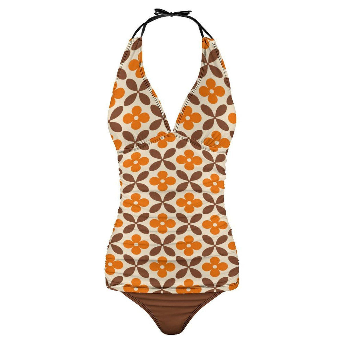 Retro Seventies Adjustable Tankini | V-Neck Split Two-Piece Halter Swimsuit | Mod Mid-Century Brown & Orange