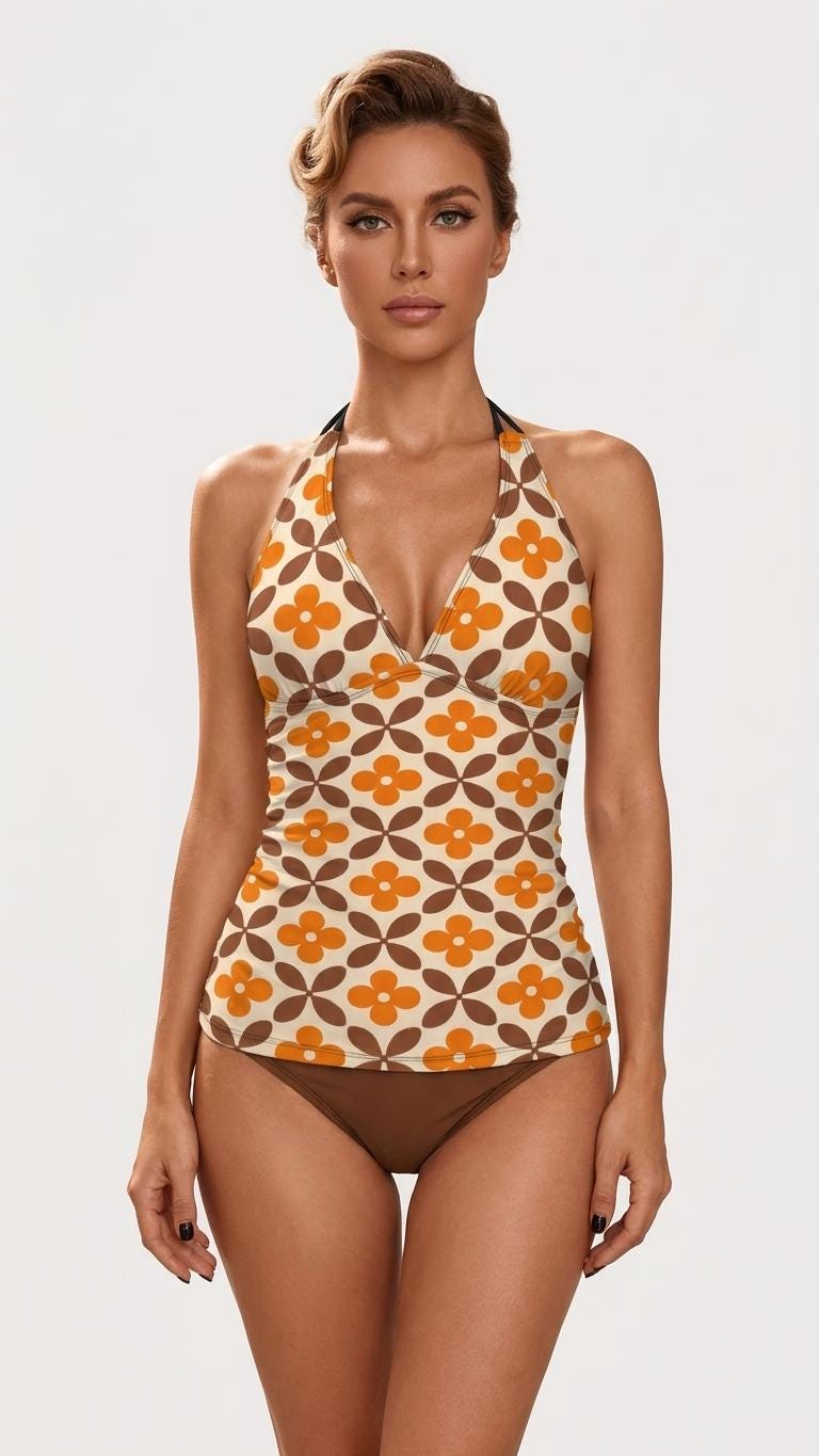 Retro Seventies Adjustable Tankini | V-Neck Split Two-Piece Halter Swimsuit | Mod Mid-Century Brown & Orange