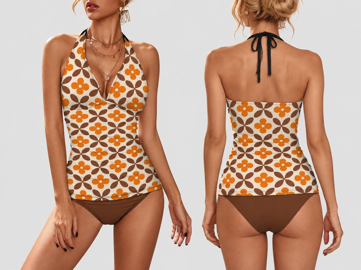 Retro Seventies Adjustable Tankini | V-Neck Split Two-Piece Halter Swimsuit | Mod Mid-Century Brown & Orange
