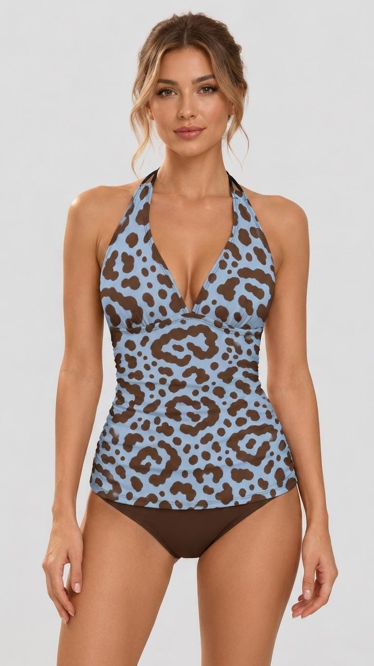 Retro Seventies Adjustable Tankini | V-Neck Split Two-Piece Halter Swimsuit | Brown & Light Blue Leopard