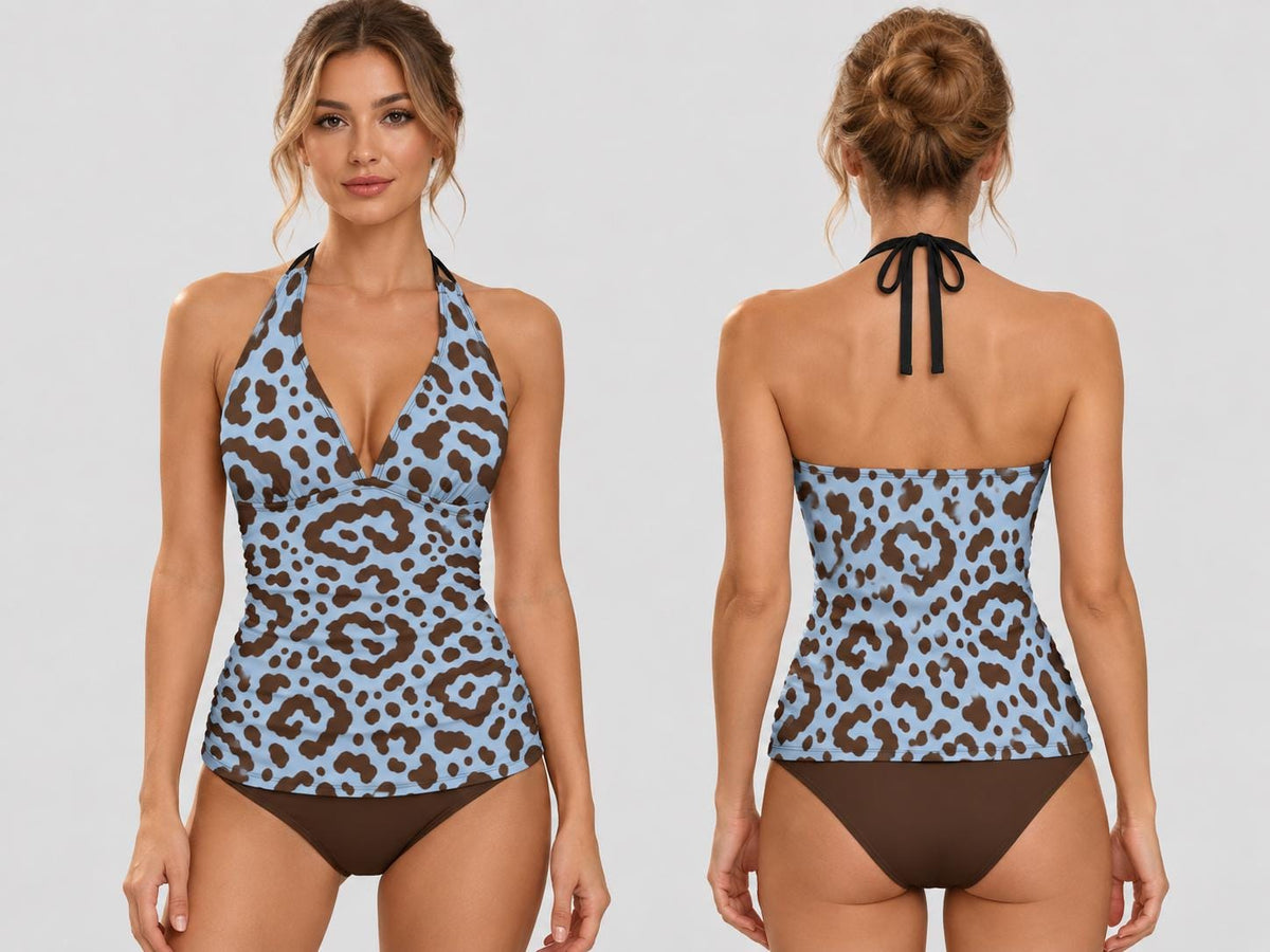 Retro Seventies Adjustable Tankini | V-Neck Split Two-Piece Halter Swimsuit | Brown & Light Blue Leopard