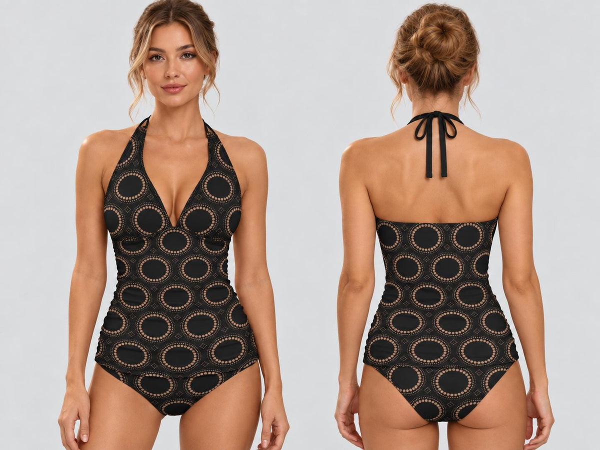 Retro Adjustable Tankini | V-Neck Split Two-Piece Halter Swimsuit | Mod Mid-Century Black Print