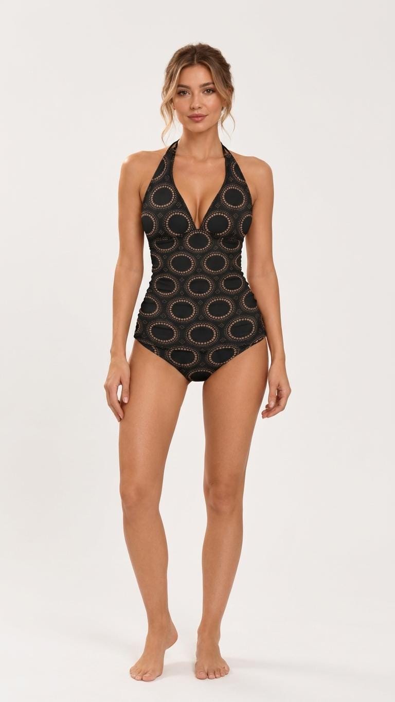 Retro Adjustable Tankini | V-Neck Split Two-Piece Halter Swimsuit | Mod Mid-Century Black Print